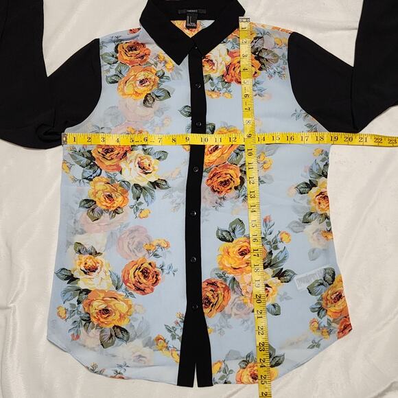 Forever 21 Sheer Black Blue Floral Button Down Shirt, Size Small - Picture 4 of 6